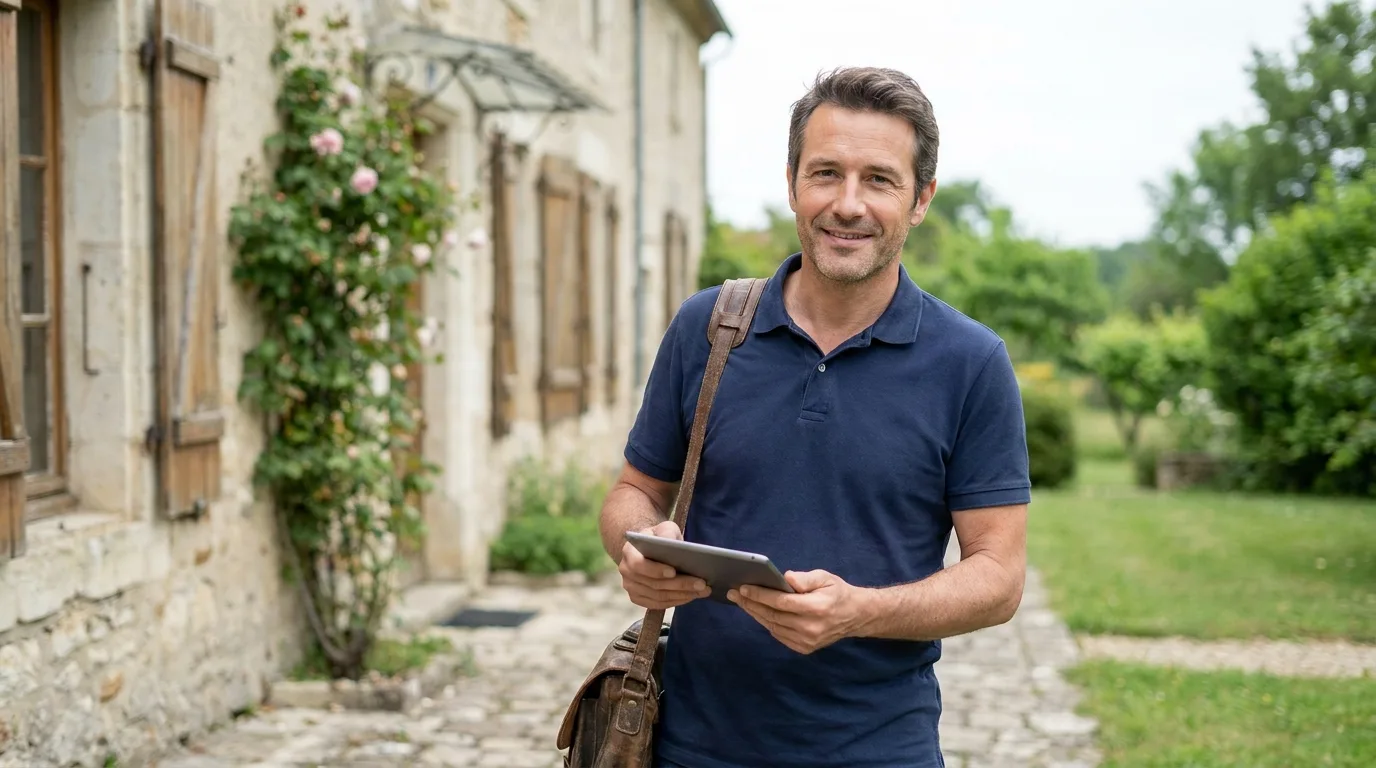 Diagnostiqueur immobilier souriant, tablette en main, devant une maison, prêt à traiter de nouvelles demandes de diagnostic