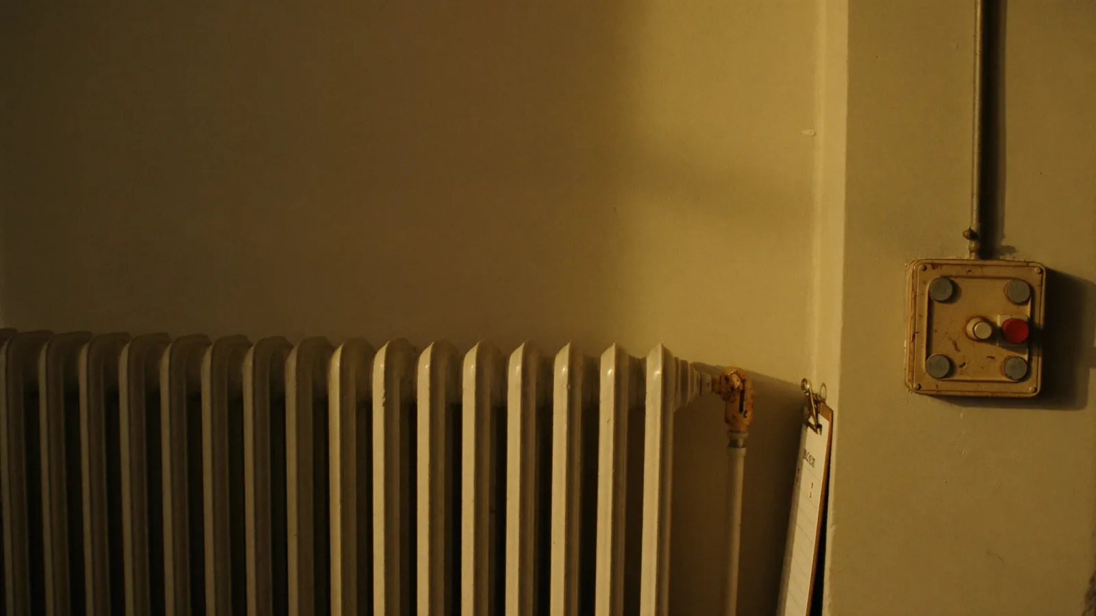 Ancien radiateur en fonte et vieux tableau électrique sur un mur clair, dans une lumière chaude
