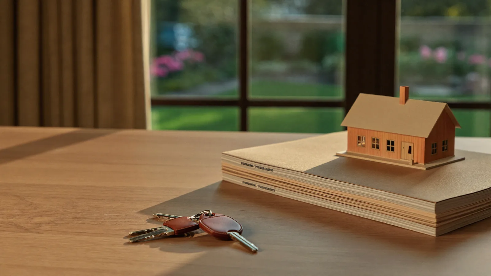 Trousseau de clés, chemises de documents et maquette de maison en bois sur un bureau, vue jardin par la fenêtre