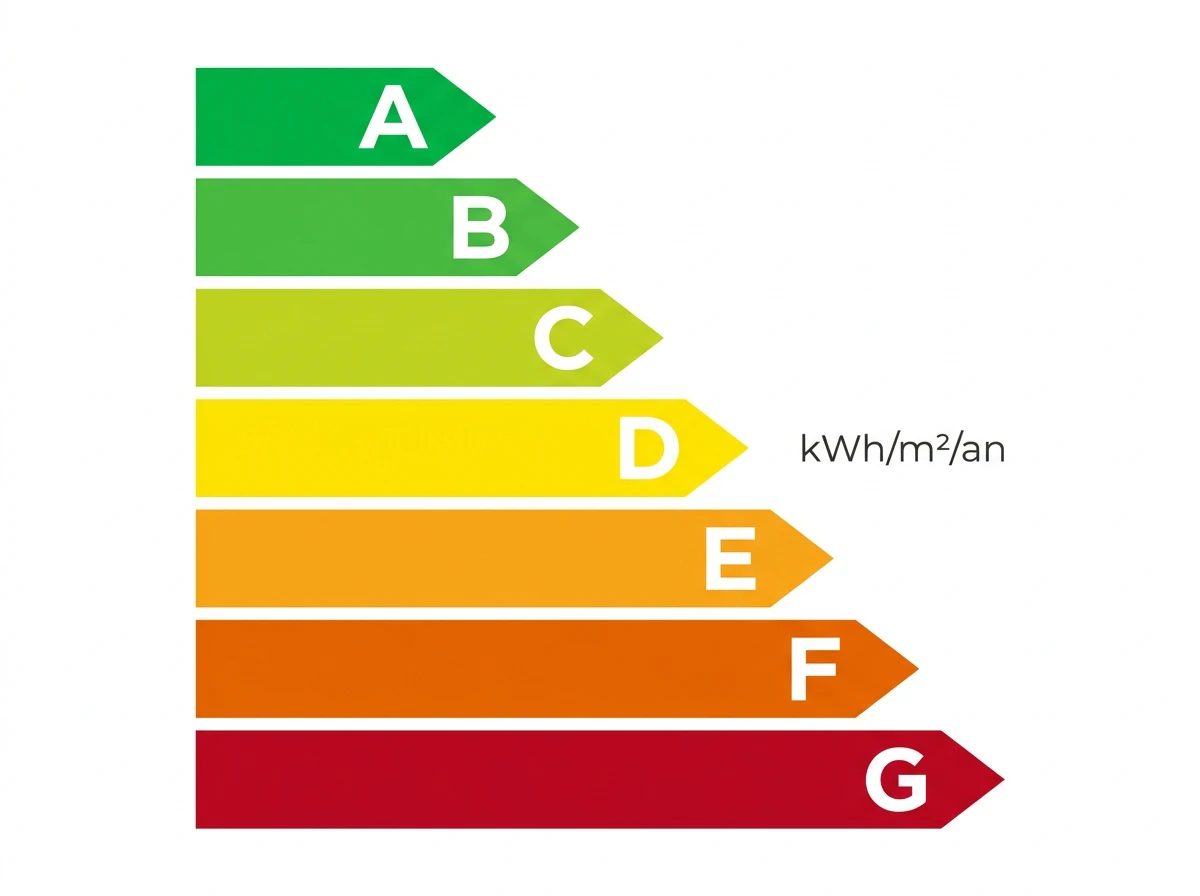 Échelle des 7 classes énergétiques du DPE, de A (vert, très performant) à G (rouge, passoire thermique), exprimée en kWh/m²/an
