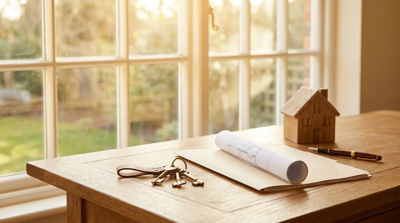 Clés de maison, dossier de documents et maquette de maison sur un bureau, symbolisant les obligations de diagnostic pour vendre ou louer