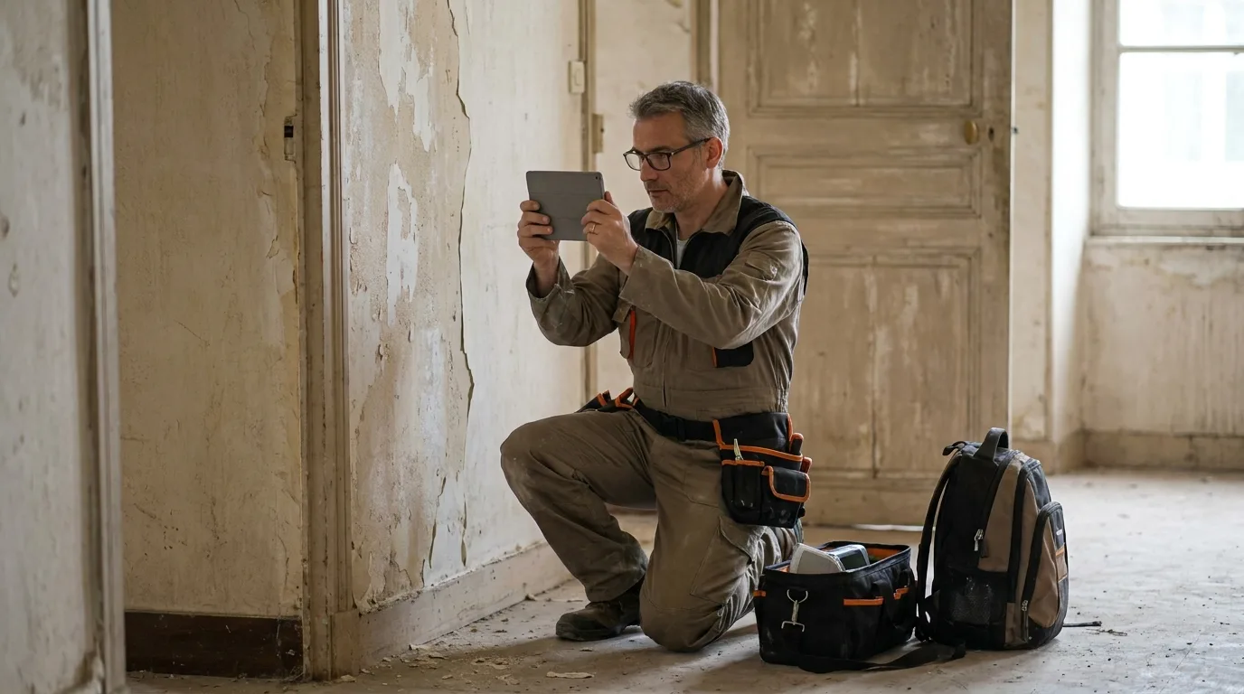 Diagnostiqueur immobilier photographiant un mur avec une tablette pour documenter son intervention et se protéger des litiges