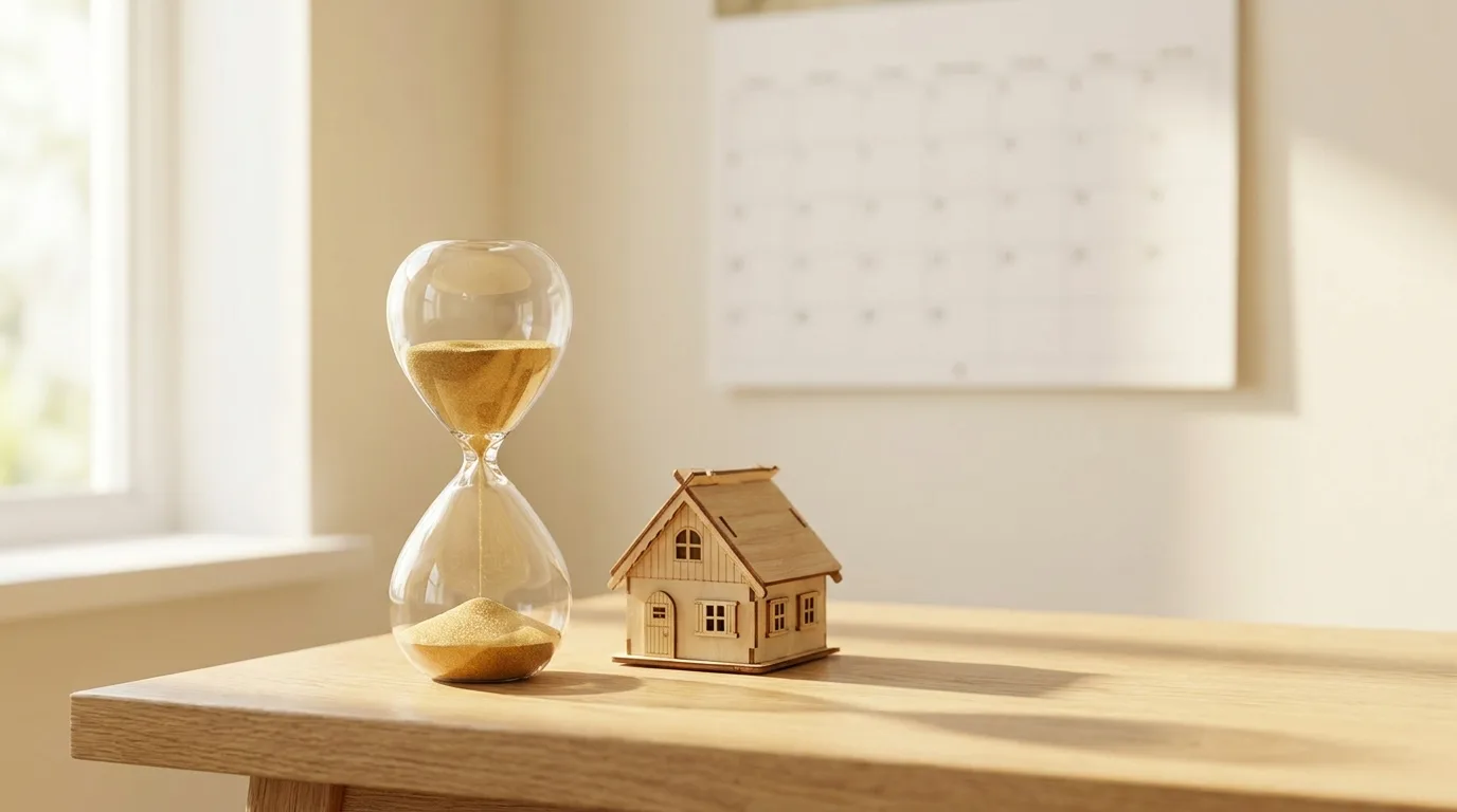 Sablier à côté d'une petite maison en bois et d'un calendrier, évoquant la durée de validité de dix ans du DPE