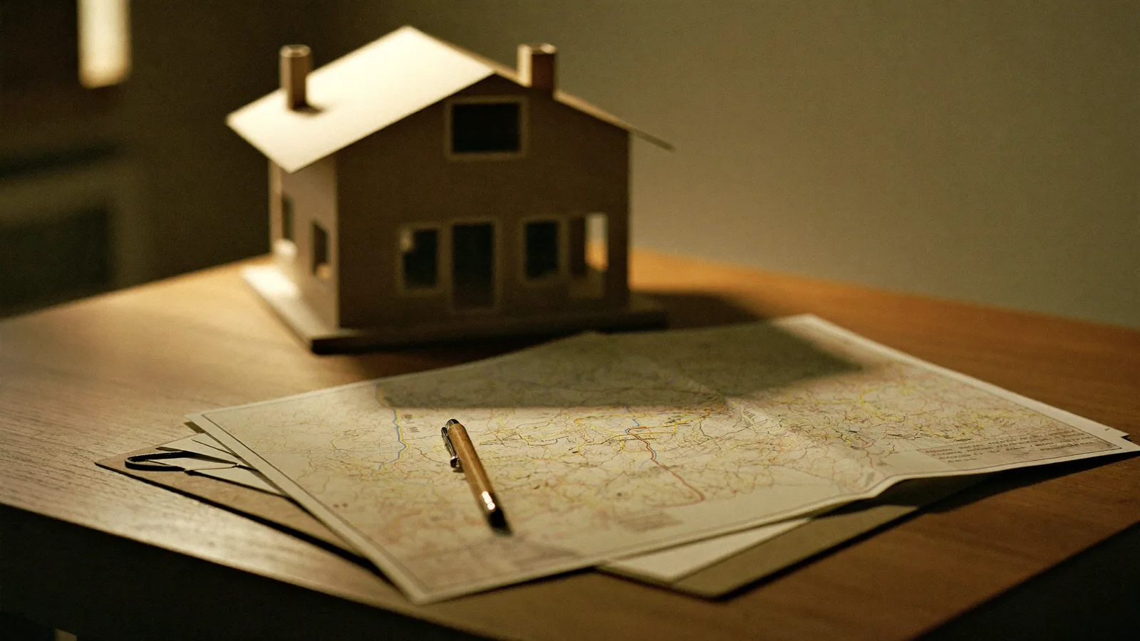 Maquette de maison en bois et carte routière dépliée sur un bureau en bois, lumière de fenêtre dorée