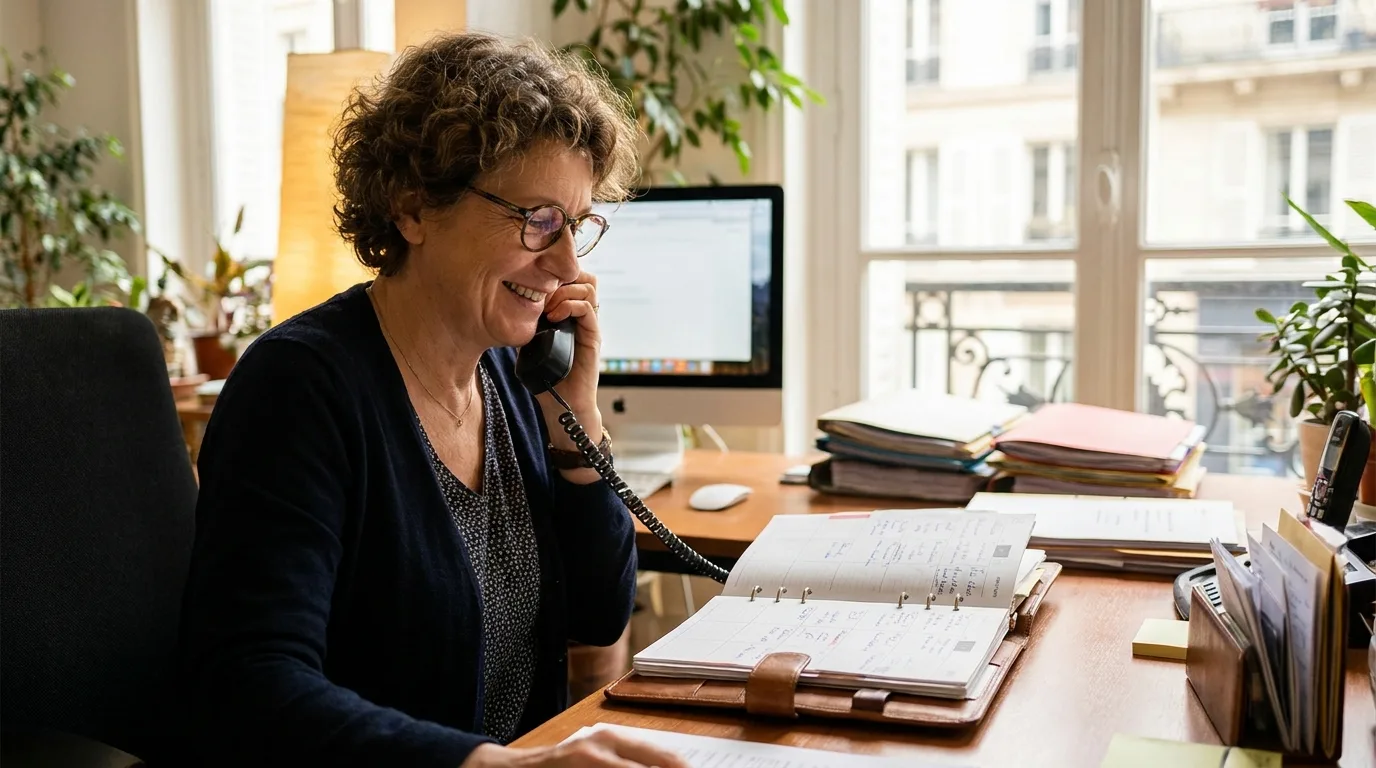 Diagnostiqueuse au téléphone à son bureau, agenda et dossiers à portée de main, gérant un flux régulier de demandes clients
