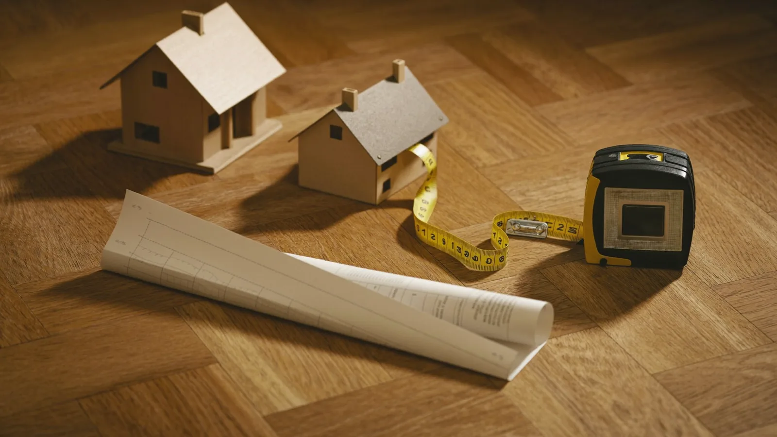 Mètre ruban déroulé, plan d'architecte et maquettes de maison en bois sur un parquet de chêne