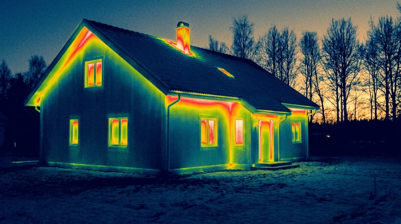 Image thermique d'une maison la nuit montrant d'importantes déperditions de chaleur par le toit, les fenêtres et la porte, typiques d'une passoire thermique