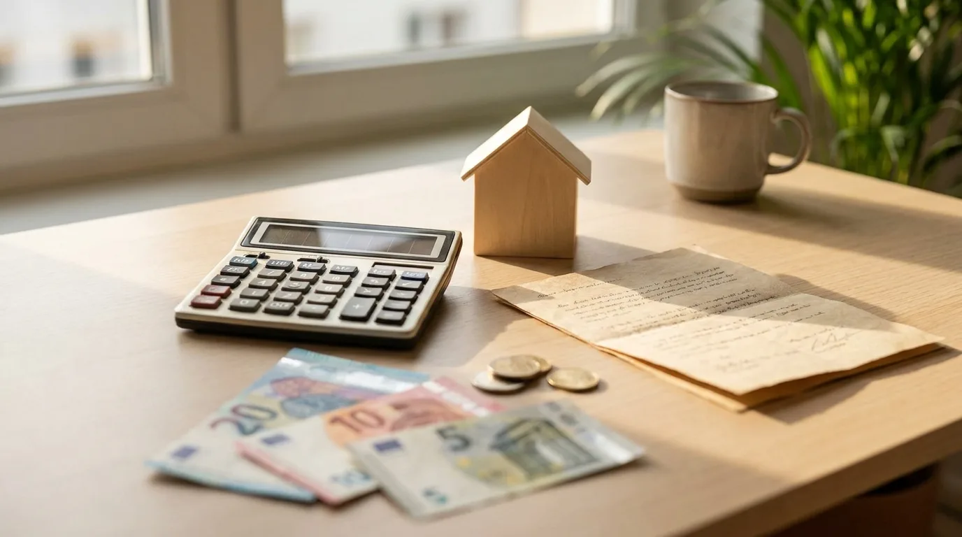 Calculatrice, billets et pièces en euros et maquette de maison sur un bureau, illustrant le budget d'un DPE