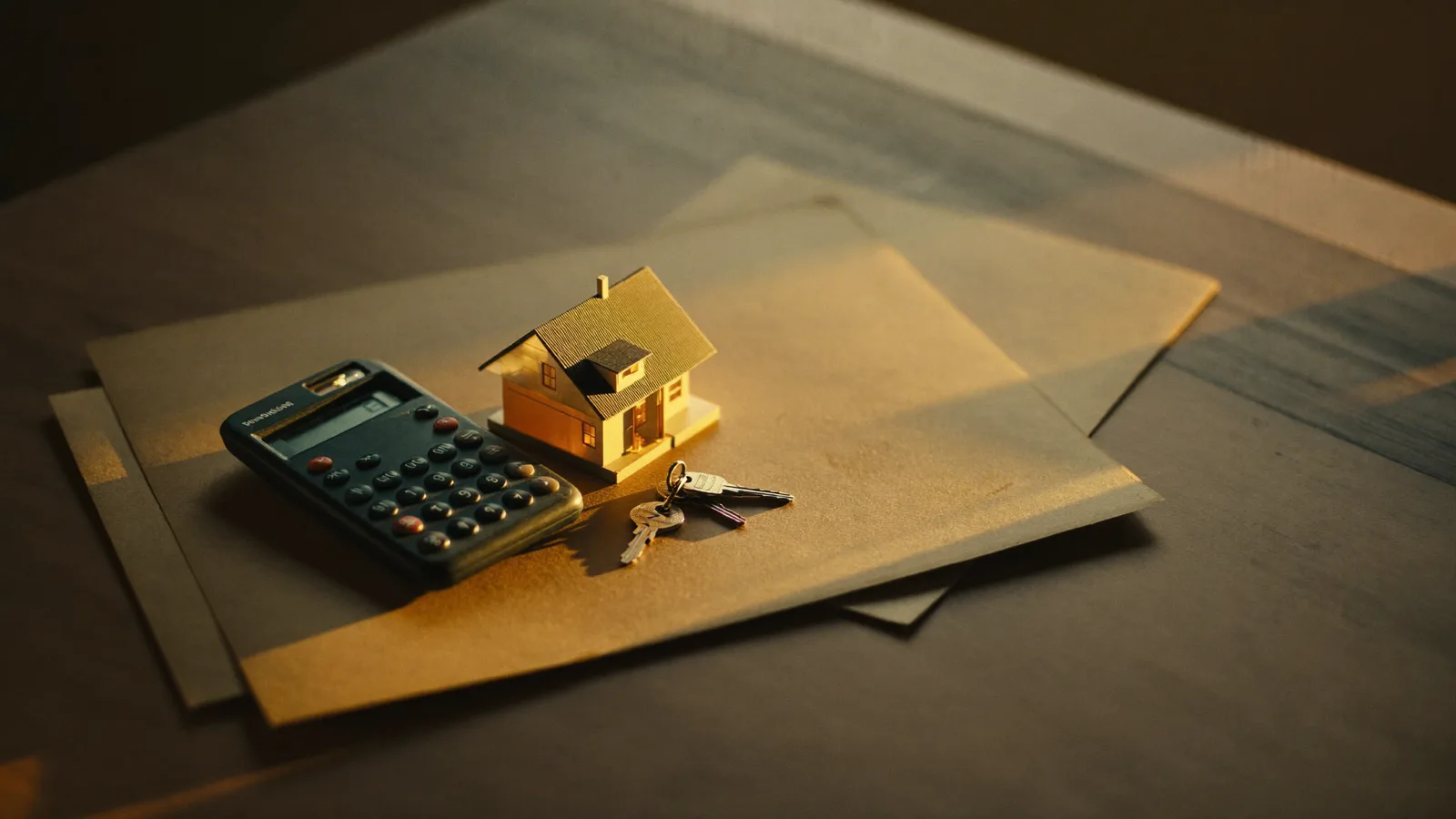 Calculatrice, maquette de maison en bois et clés posées sur des chemises cartonnées, dans une lumière dorée