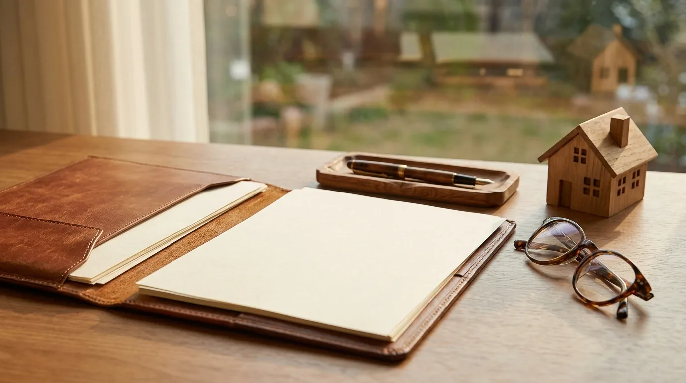 Dossier de contrat ouvert, stylo, lunettes et maquette de maison sur un bureau, évoquant l'assurance responsabilité civile professionnelle du diagnostiqueur