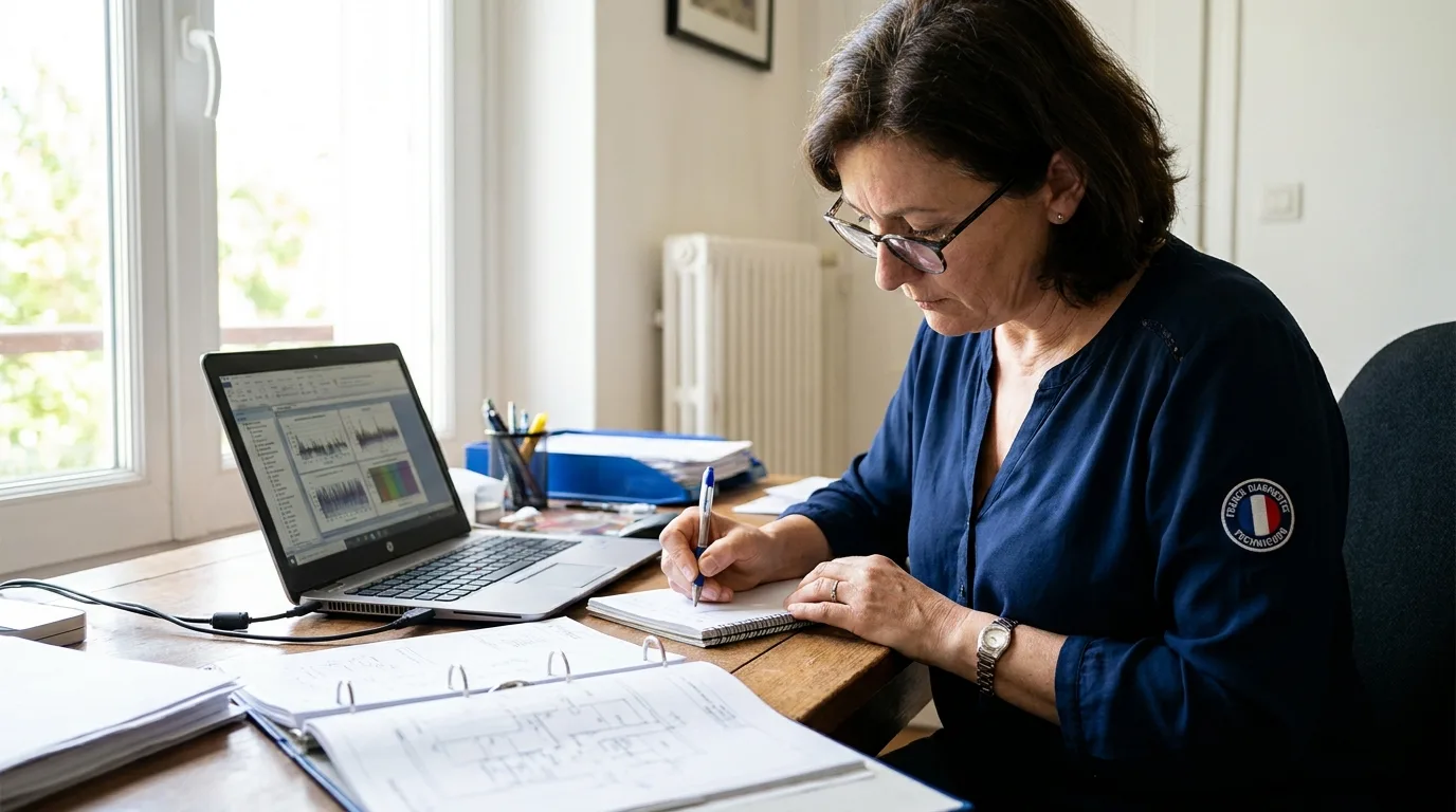 Diagnostiqueuse en formation prenant des notes devant un ordinateur portable et des documents techniques, illustrant la recertification