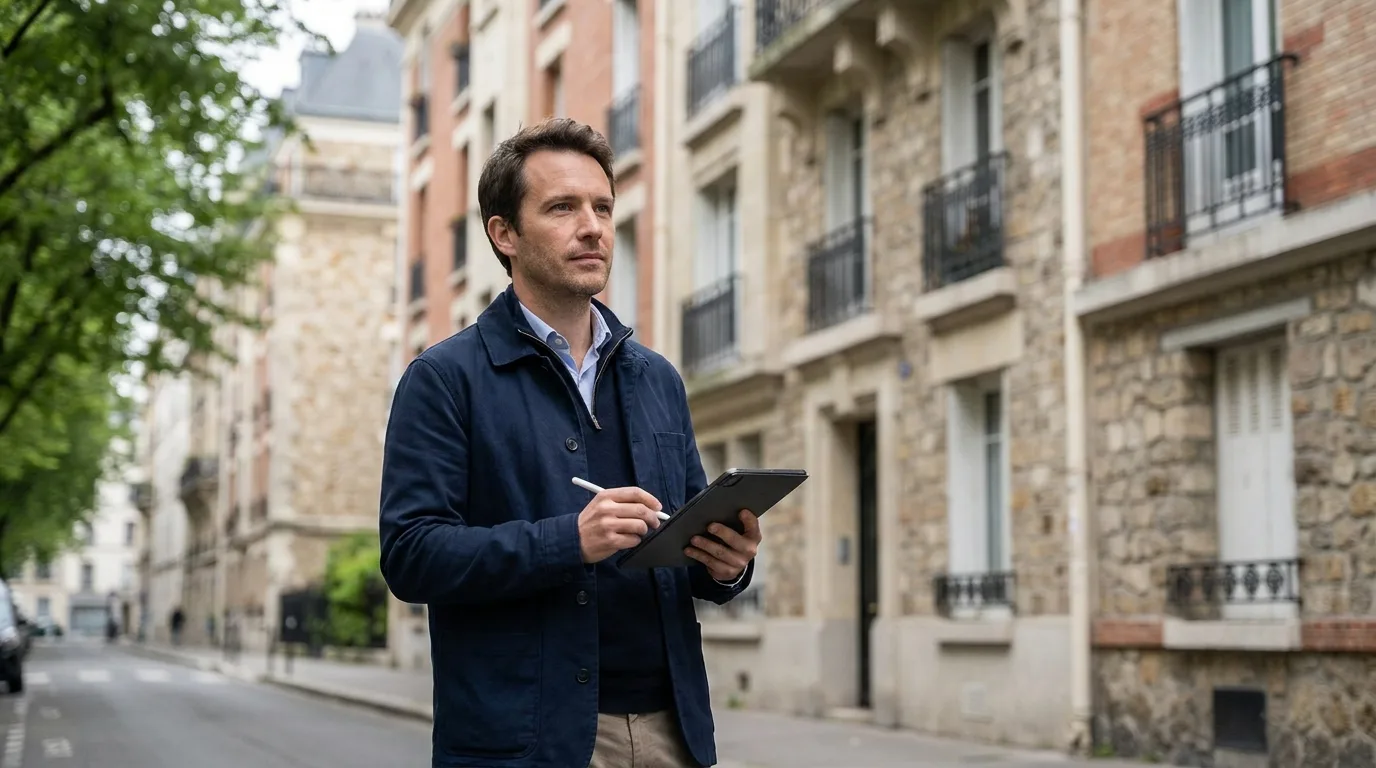 Diagnostiqueur immobilier avec une tablette dans une rue résidentielle, à la recherche de nouveaux clients sur un marché concurrentiel