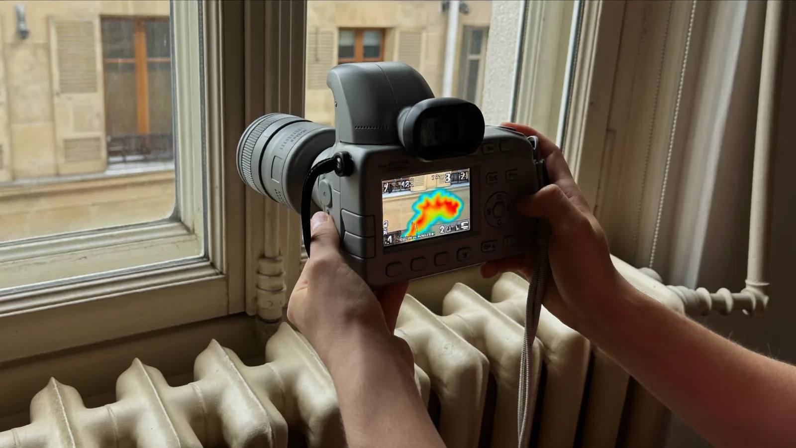 Caméra thermique pointée vers la fenêtre d'un appartement ancien lors d'un diagnostic de performance énergétique